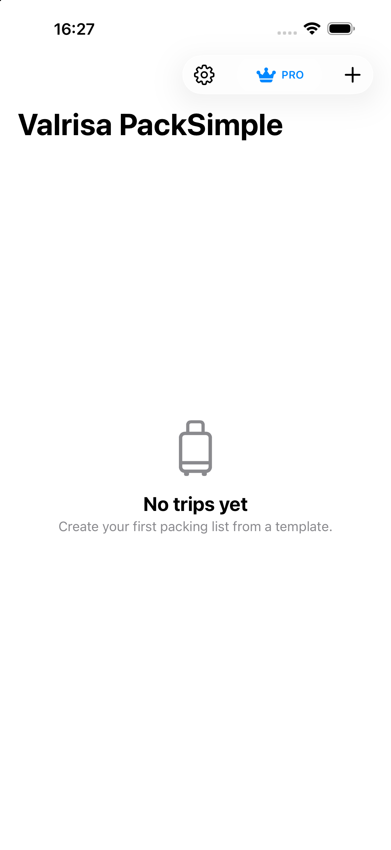 Valrisa PackSimple empty trip screen