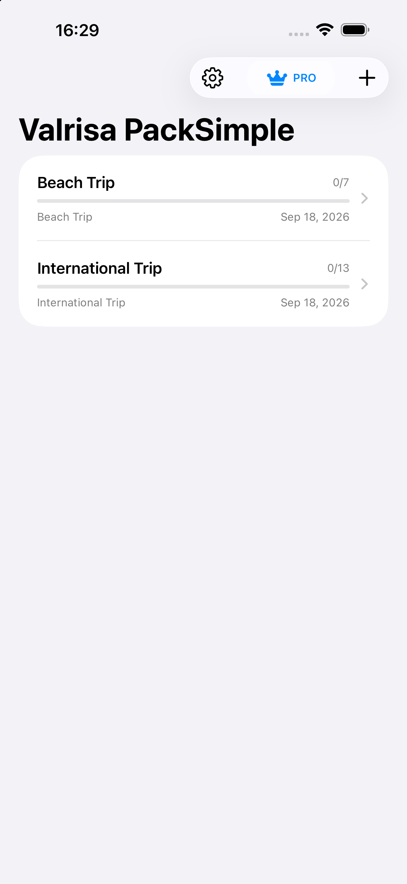 Valrisa PackSimple trip list